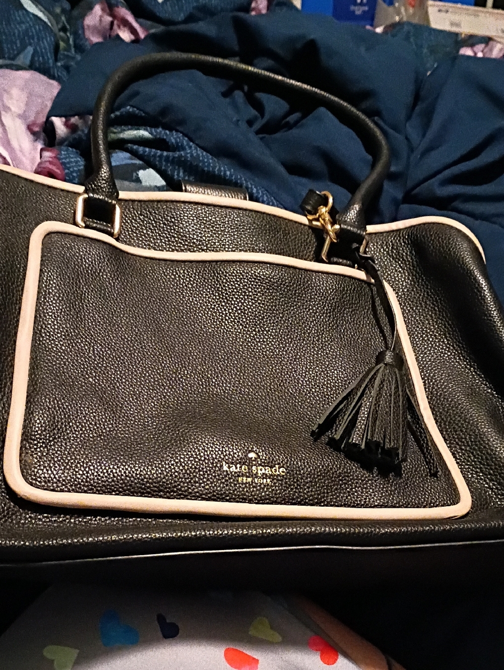kate spade Black Pebbled Leather Tote with Cream Trim - Picture 1 of 9